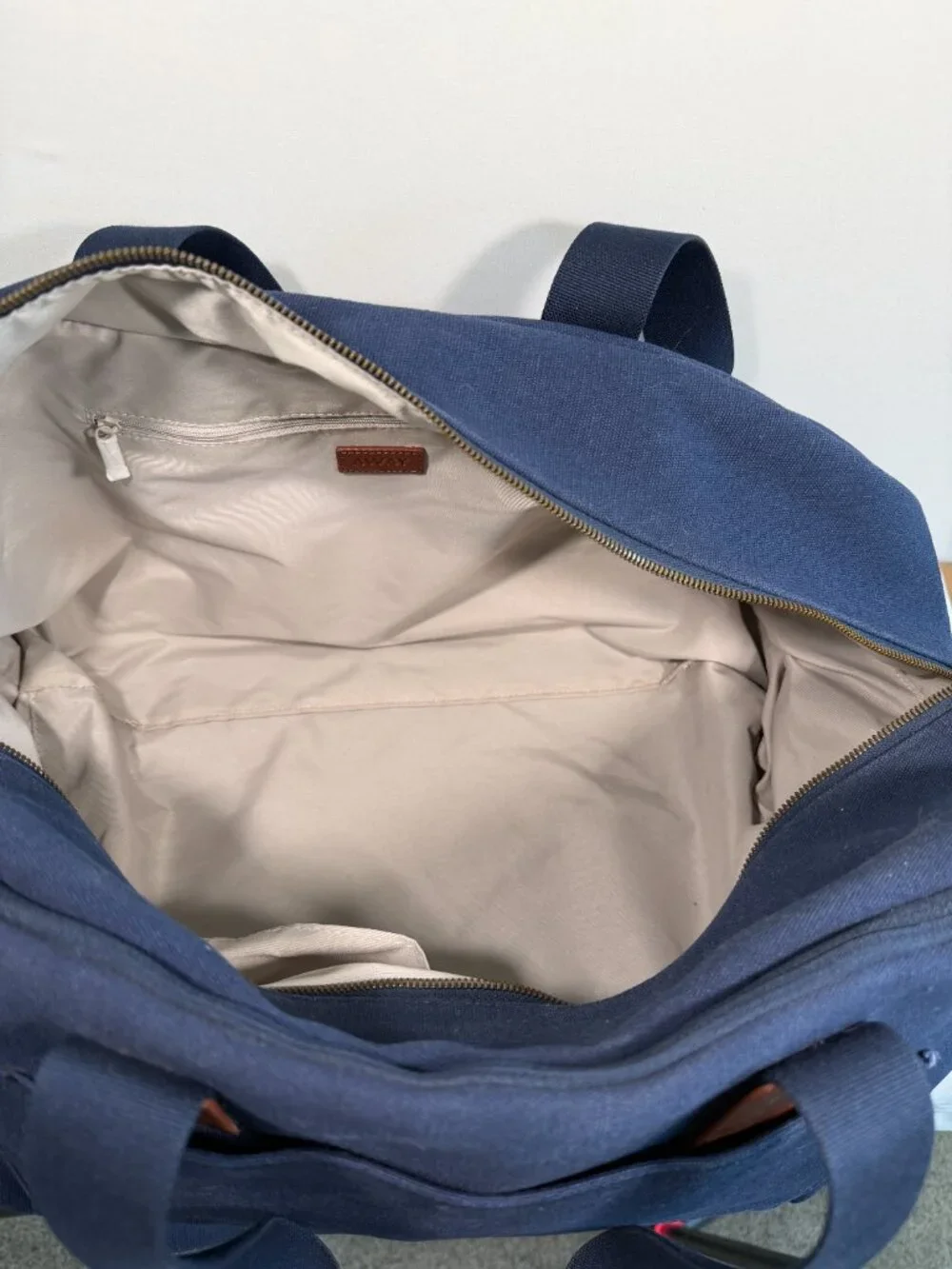 AWAY Travel Weekender Navy Blue Canvas Leather Trim Duffel Bag